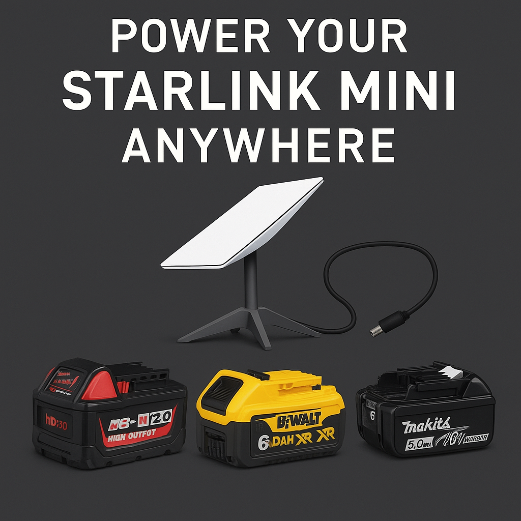 Starlink Mini powered by Milwaukee, DeWalt, and Makita battery adapters comparison for off-grid connectivity