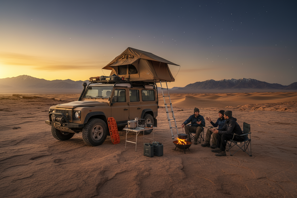 Overlanding community setting up rooftop tent in nature for adventure travel