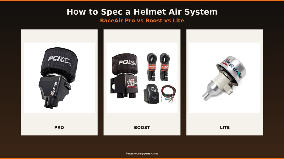 PCI RaceAir Pro, Boost, and Lite helmet air systems from Baja Racing Gear