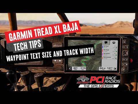 Garmin Tread XL Baja GPS device showing waypoint text size and track width settings for offroad navigation