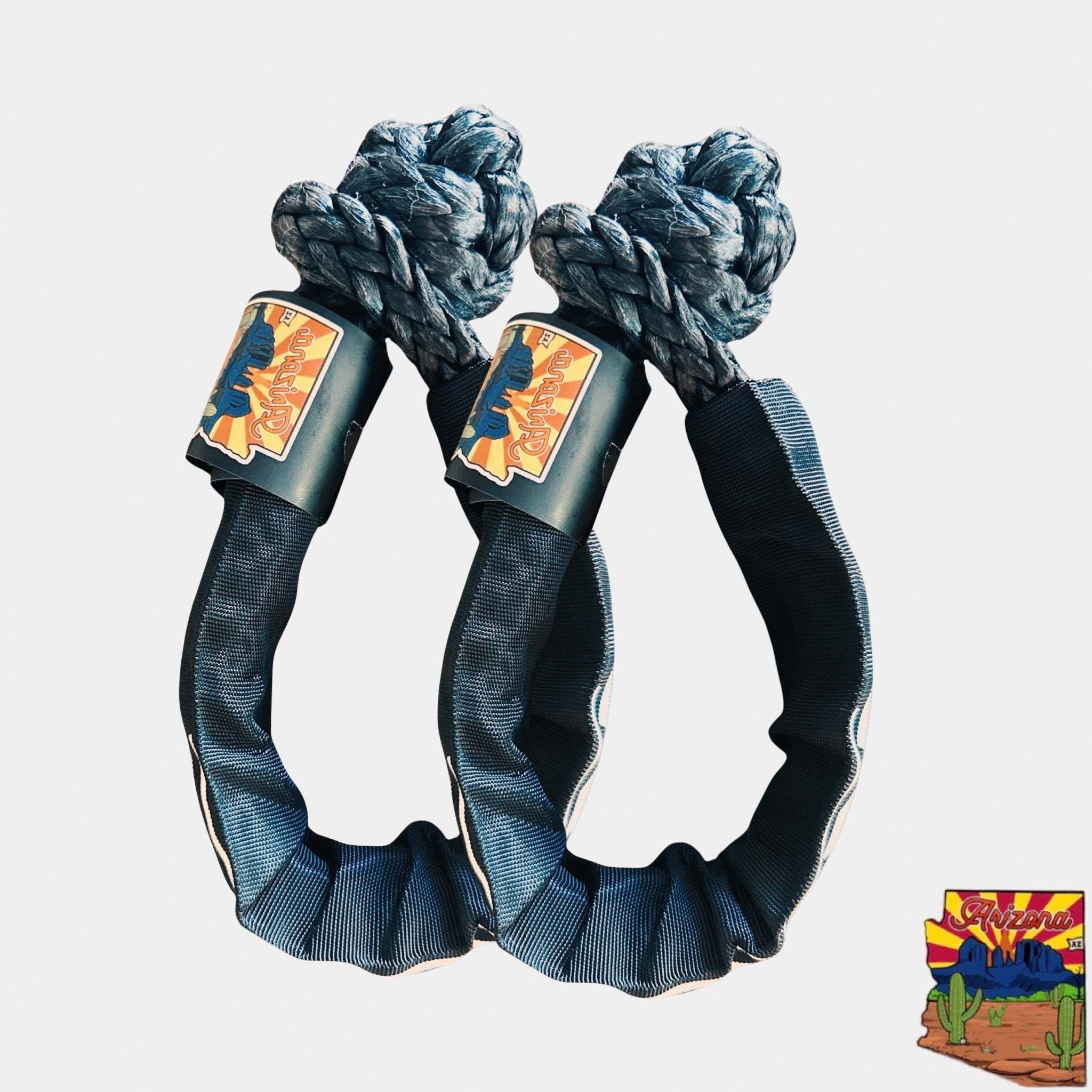 Set of 2 durable 1/2'' x 22'' soft shackles with sleeve and storage bag for heavy-duty off-road recovery.