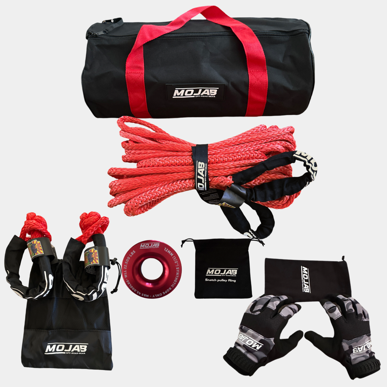 Extended Prime Recovery Kit with soft shackles, winch line extension, snatch ring, gloves, and storage bags in a black and red carrying case