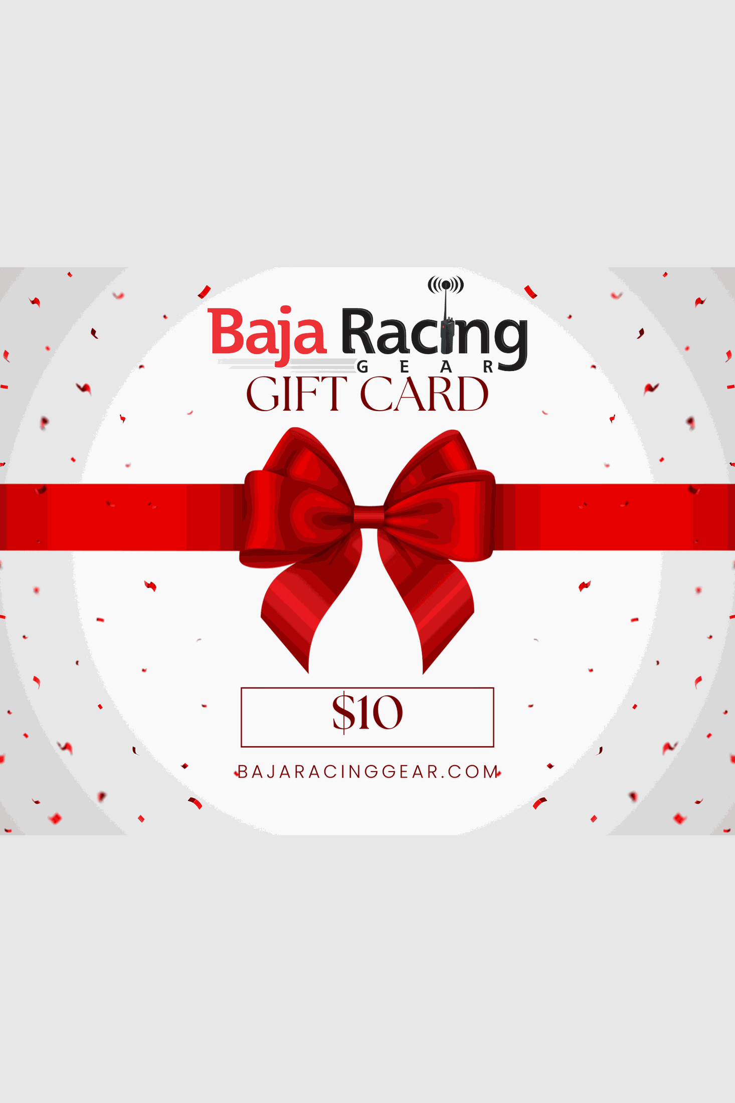 Baja Racing Gear gift card featuring a red ribbon design for online shopping.