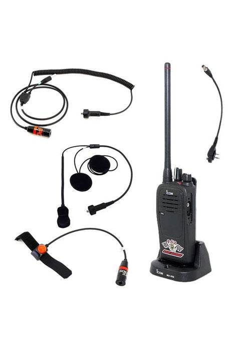 Motorcycle/Quad Icom communication package with Icom F1000 radio, helmet wiring kit, and accessories.