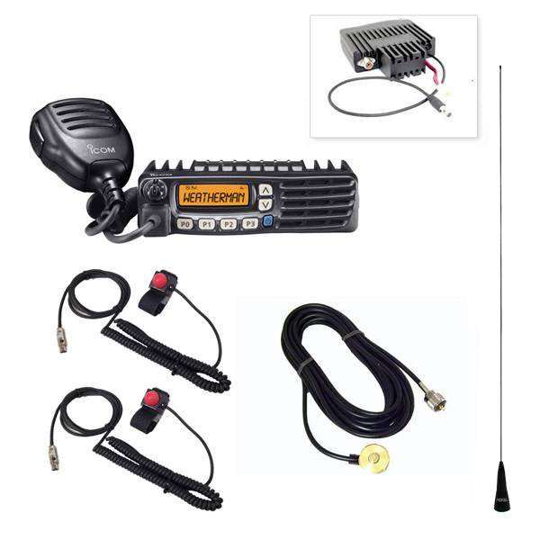 Radio Add On Package with Icom F5021 or Kenwood NX-1700 mobile radio, antenna, coax, and push-to-talk buttons for two-way vehicle communication