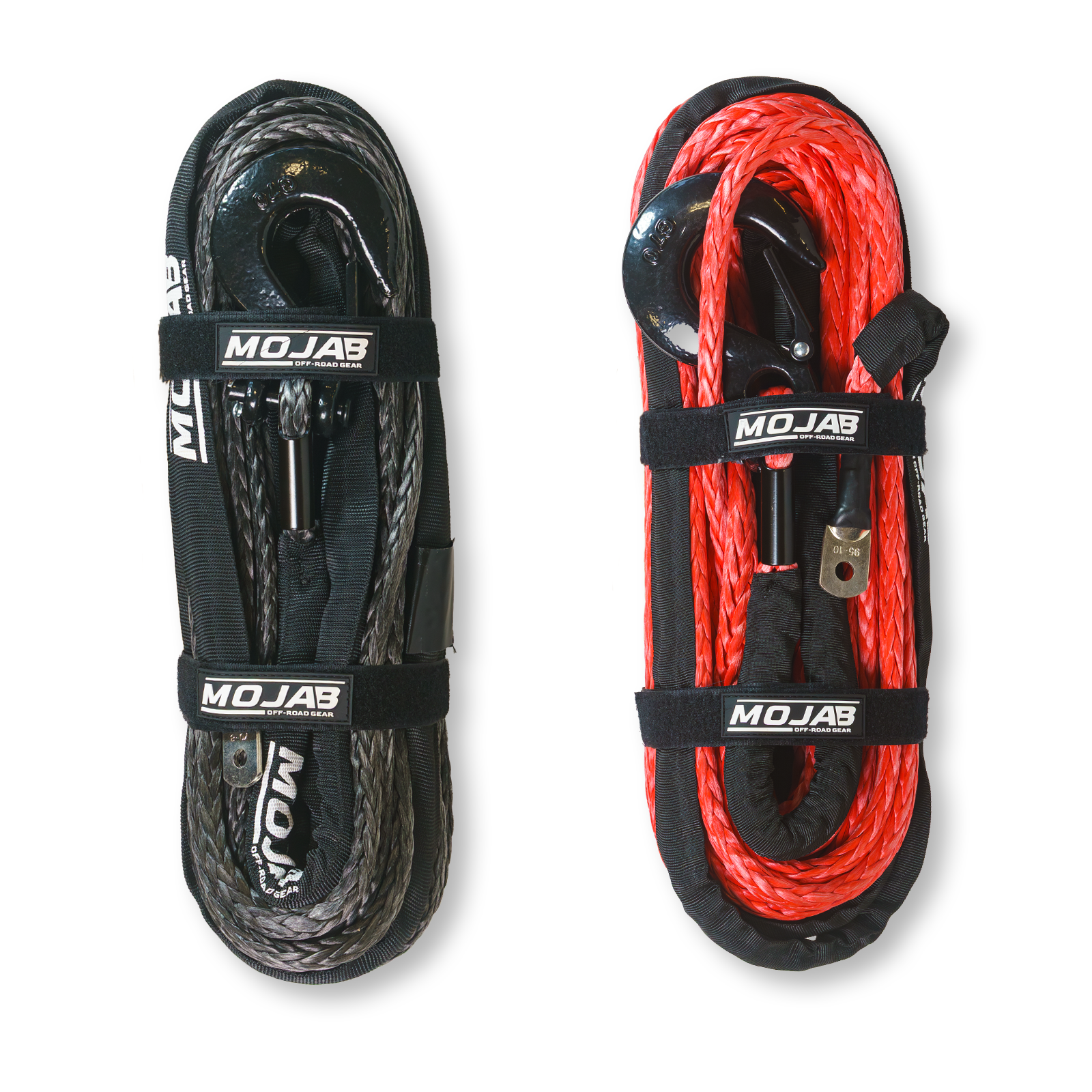 3/8 inch x 85 ft synthetic UHMWPE winch rope with forged G70 hook and black protective sleeve, 14600 lbs breaking strength