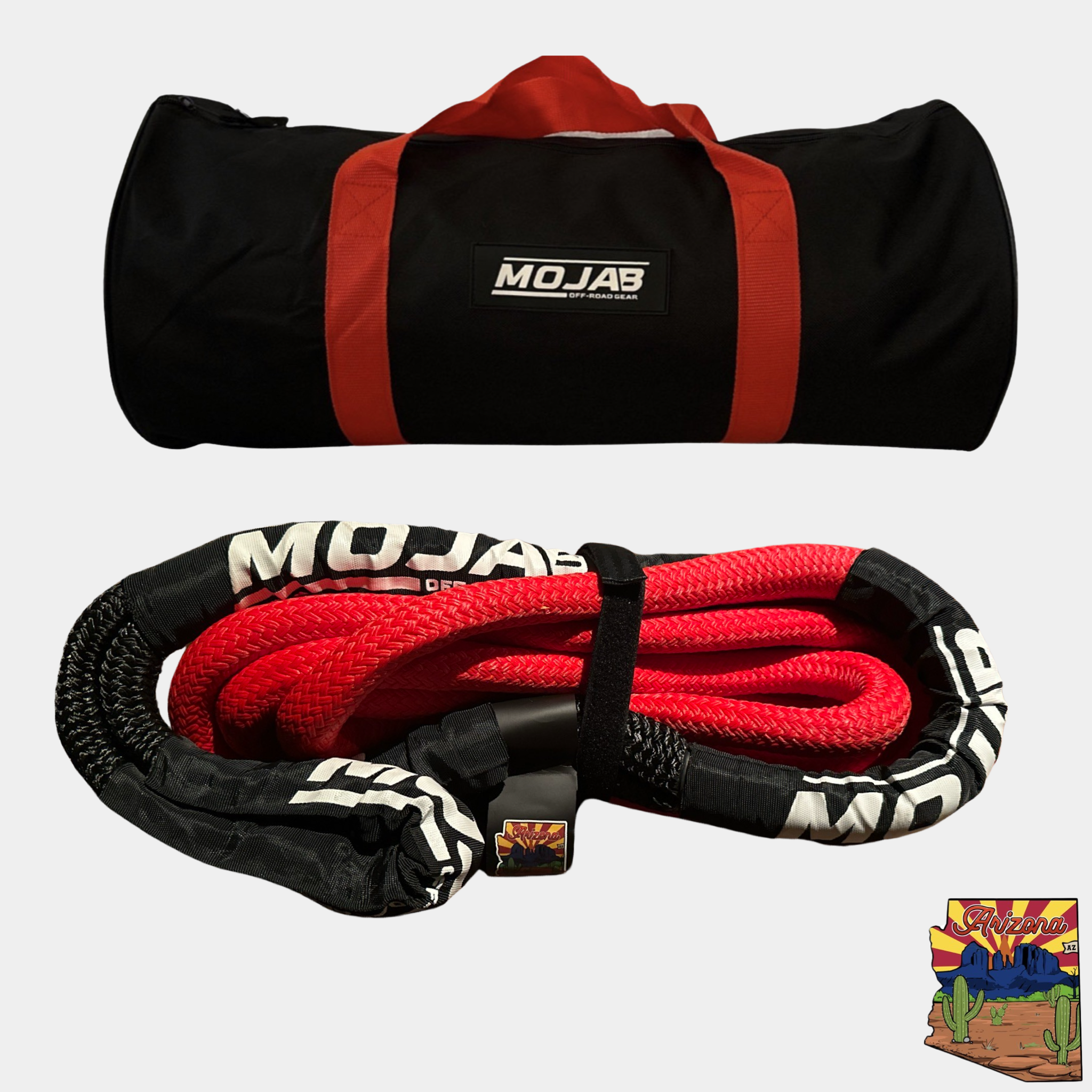 1-inch by 30-foot red and black kinetic rope with MOJAB branding and breathable storage bag for off-road vehicle recovery
