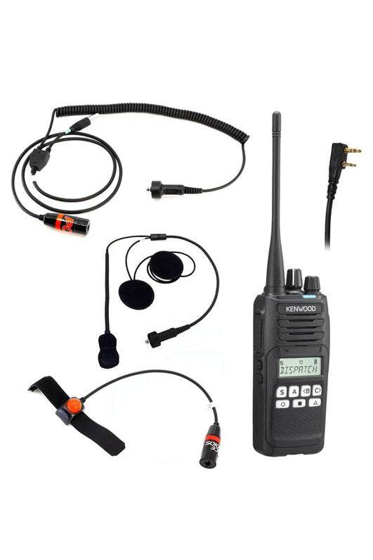 Kenwood motorcycle communication package with radio, wiring kit, and PTT button.