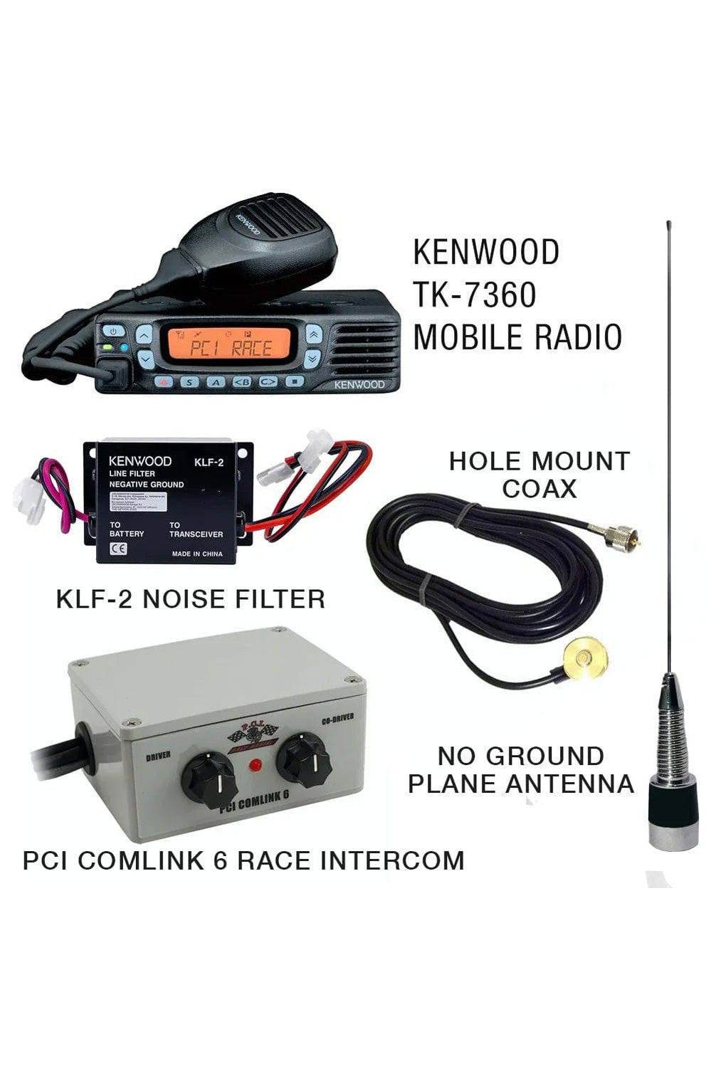 TK-7360 Comlink 6 Race Package with Comlink 6 Intercom, Kenwood TK-7360 Mobile Radio, KLF-2 Noise Filter, Hole Mount Coax, No Ground Plane Antenna.