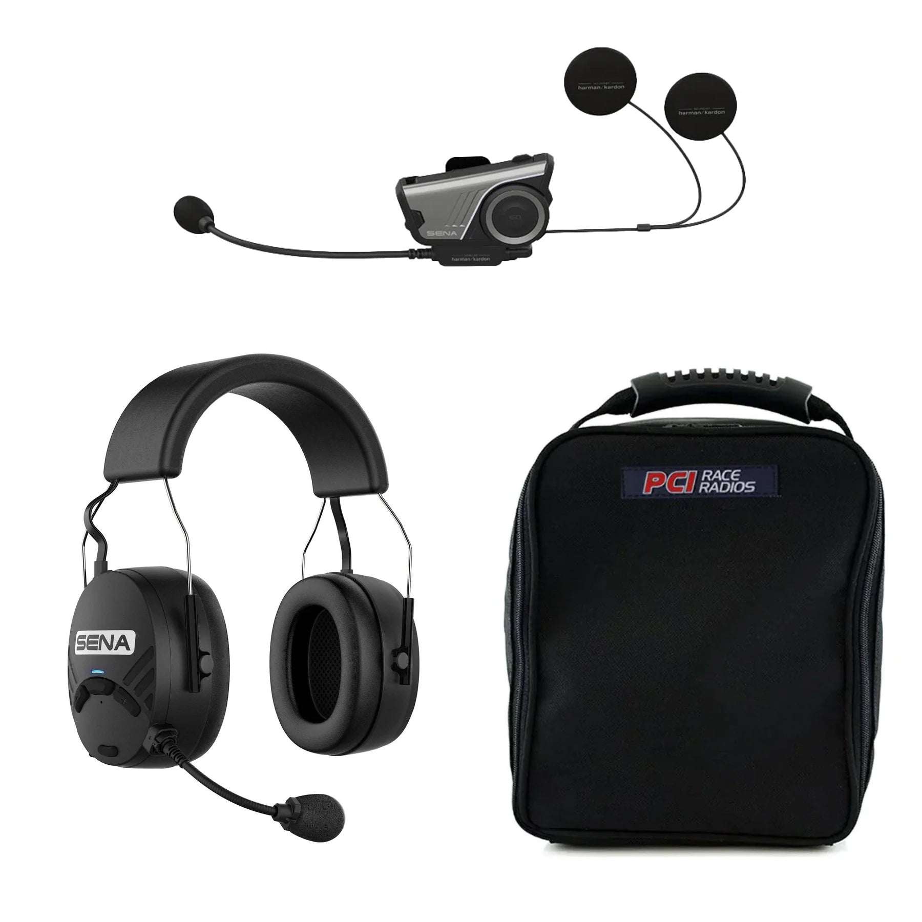 SENA Coach Intercom Package with helmet headset, mesh communication headset, and carrying case for rider communication