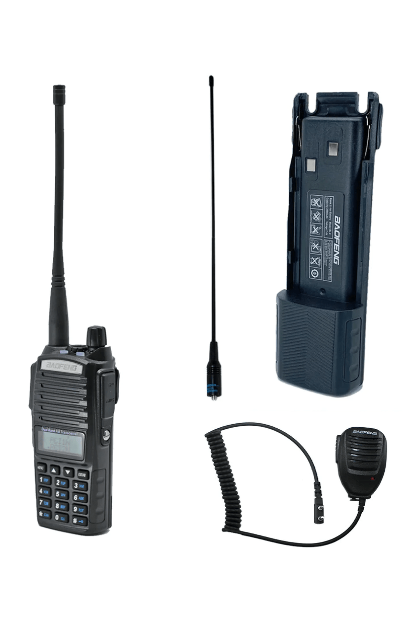 Baofeng UV-82c Walkie Talkie with accessories including long antenna, extended battery, and speaker mic.