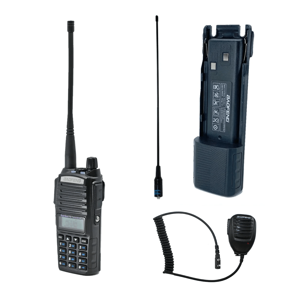 Baofeng UV-82c walkie talkie with long range antenna, extended battery, and speaker mic expedition pack