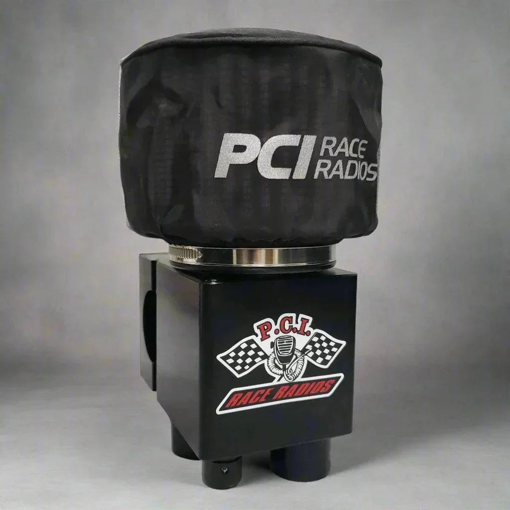 RaceAir Boost clearance racing air blower with PCI Race Radios cover and 1.75 inch clamp