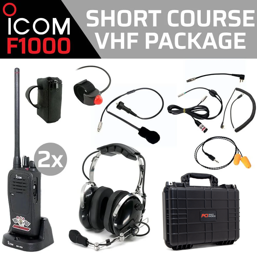 Short Course F1000 Package racing communication kit with radios, headset, helmet wiring, harness, and carrying case