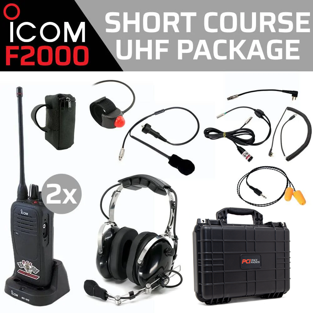 Short Course F2000 Package racing communication kit with radios, headset, helmet wiring, harness, and carrying case