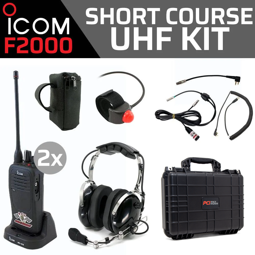 Short Course F2000 Kit with Icom UHF radios, headset, harness, PTT, radio cables, and waterproof carrying case for racing communication