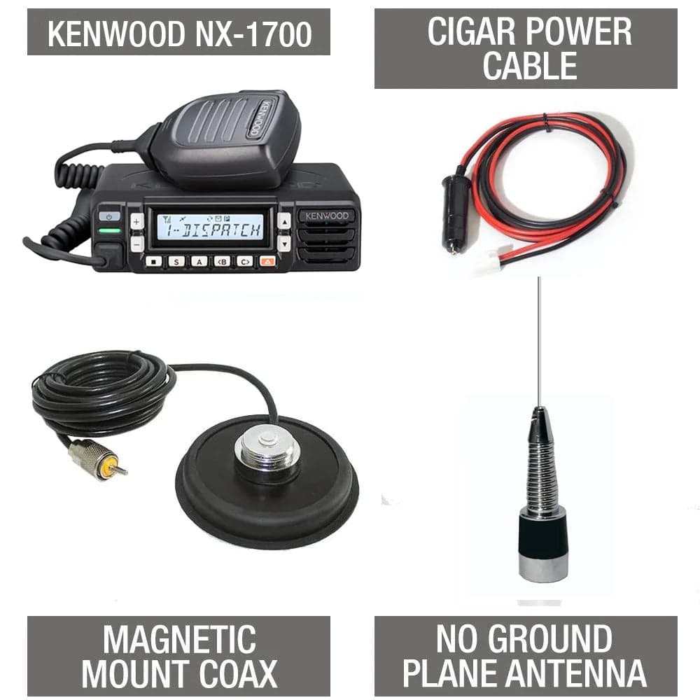 Mobile Radio Chase Package with Icom and Kenwood radios, magnetic mount antenna, and power cables for race teams and chase vehicles