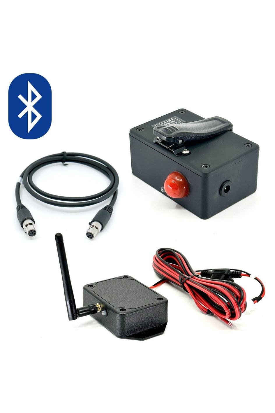 Bluetooth Wireless Box Package with receiver, transceiver, cables, and push-to-talk button.