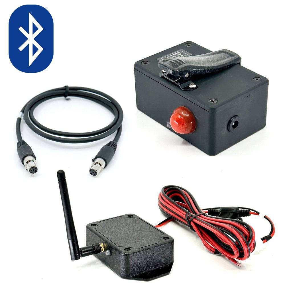 Wireless box package containing Bluetooth wireless helmet communication system with push-to-talk button and Bluetooth receiver and transceiver components