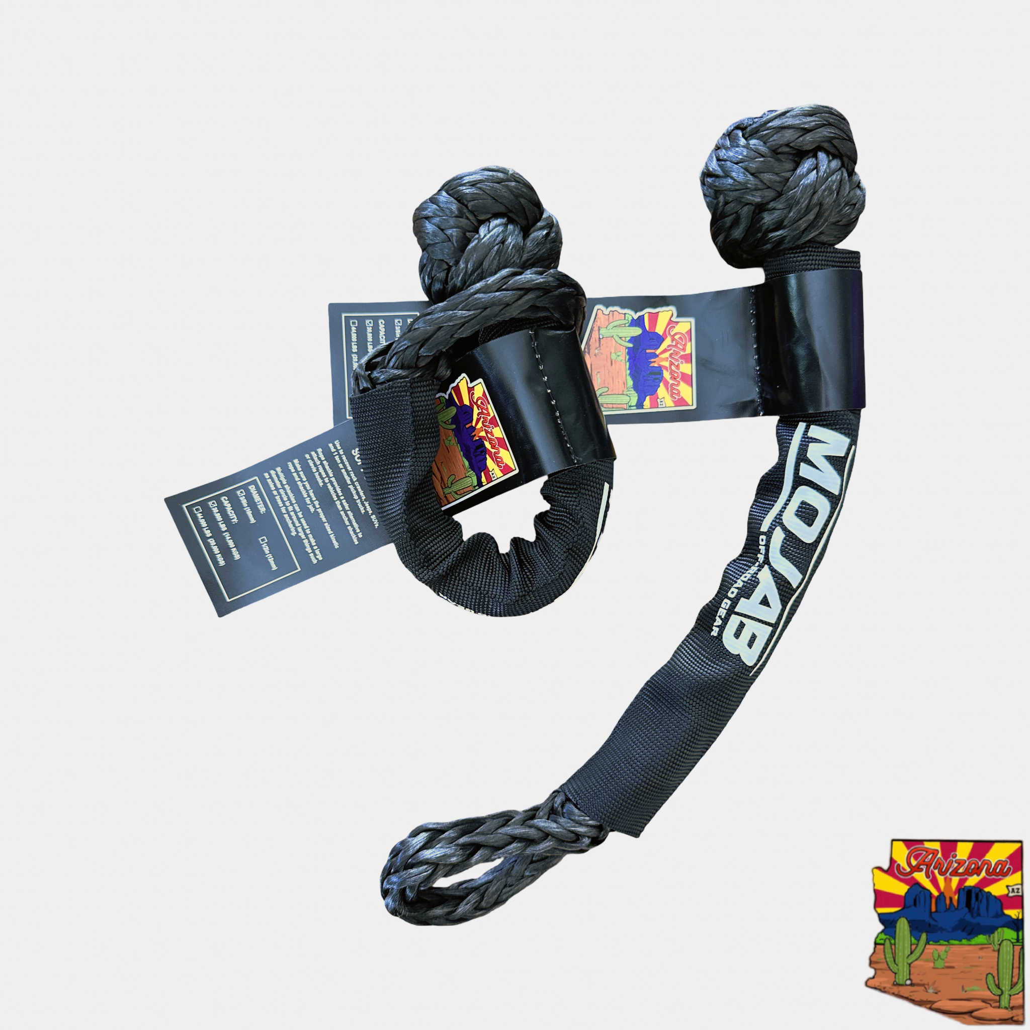 Set of 2 black 3/8" x 14" MOJAB soft shackles with abrasion-resistant sleeves and no-pin design for off-road vehicle recovery