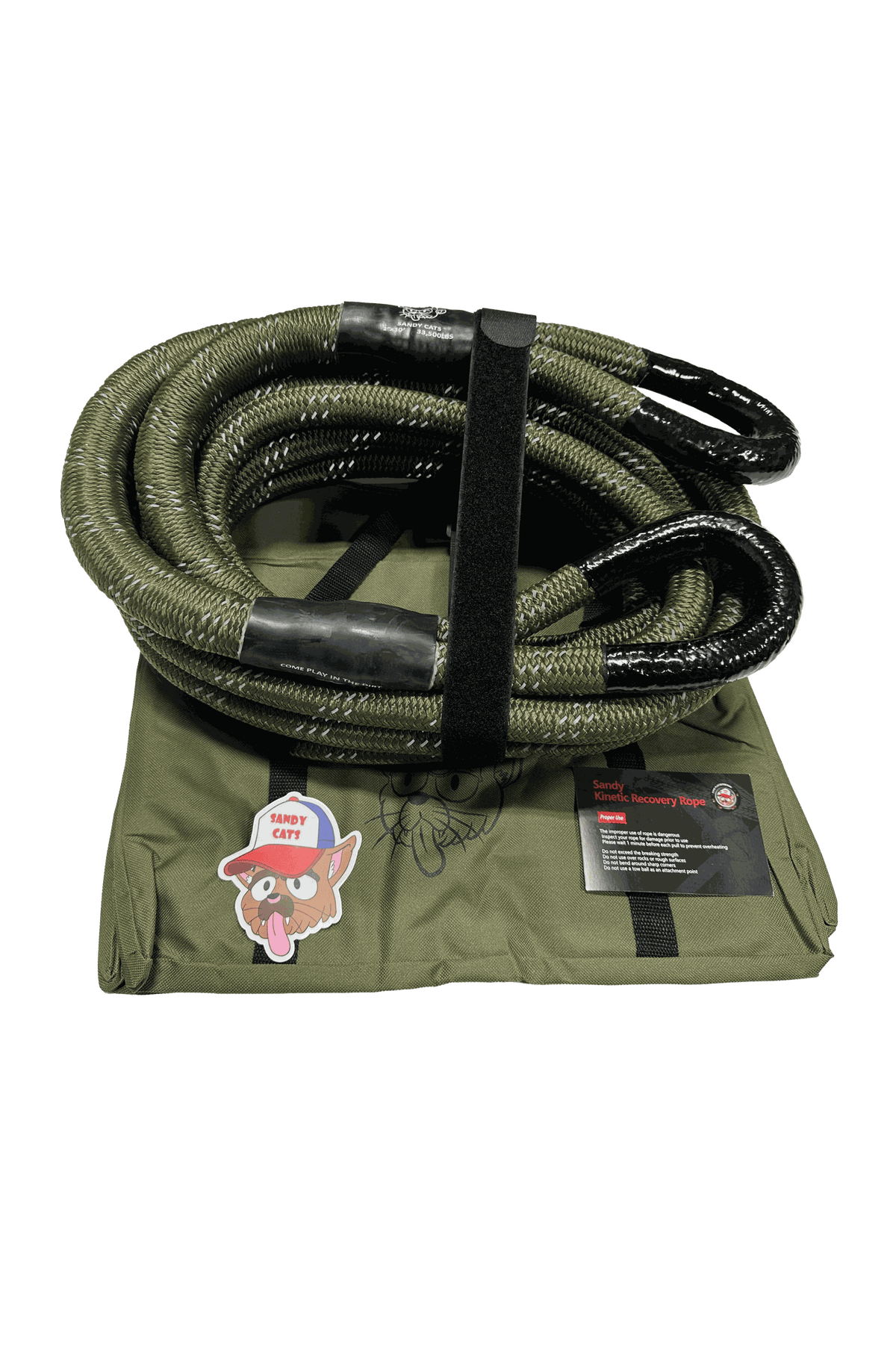 Kinetic-X Recovery Rope coiled on a green mat with product tag.