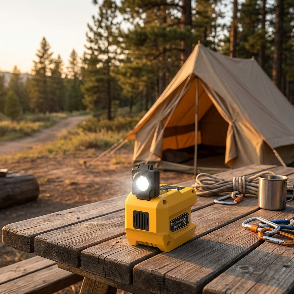 220W power inverter compatible with DeWalt batteries on a wooden table at a campsite with a tent in the background