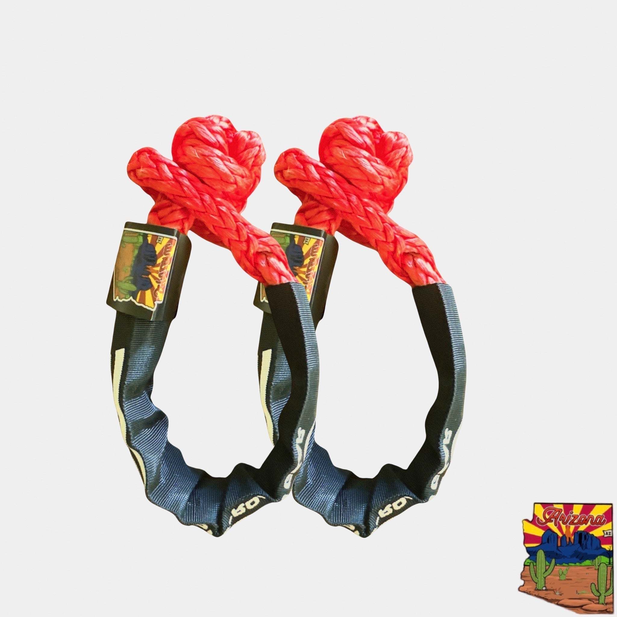 Set of 2 red 3/8'' x 22'' soft shackles with black protective sleeves and storage bag for heavy-duty recovery tasks