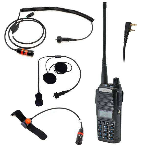 BaoFeng Motorcycle and Quad Package with UV-82c radio, helmet wiring kit, and handlebar PTT button for off-road communication