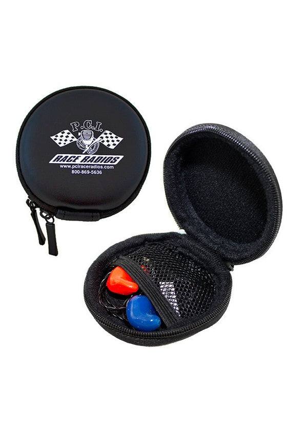 Custom molded earpieces with carrying case for racing helmets, featuring 28dB noise reduction and 3.5mm mono jack.