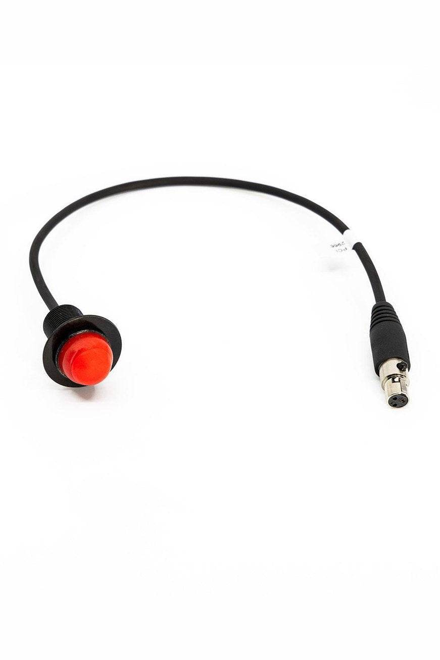 Panel Mount Female PTT with red button and black cable for intercom systems.