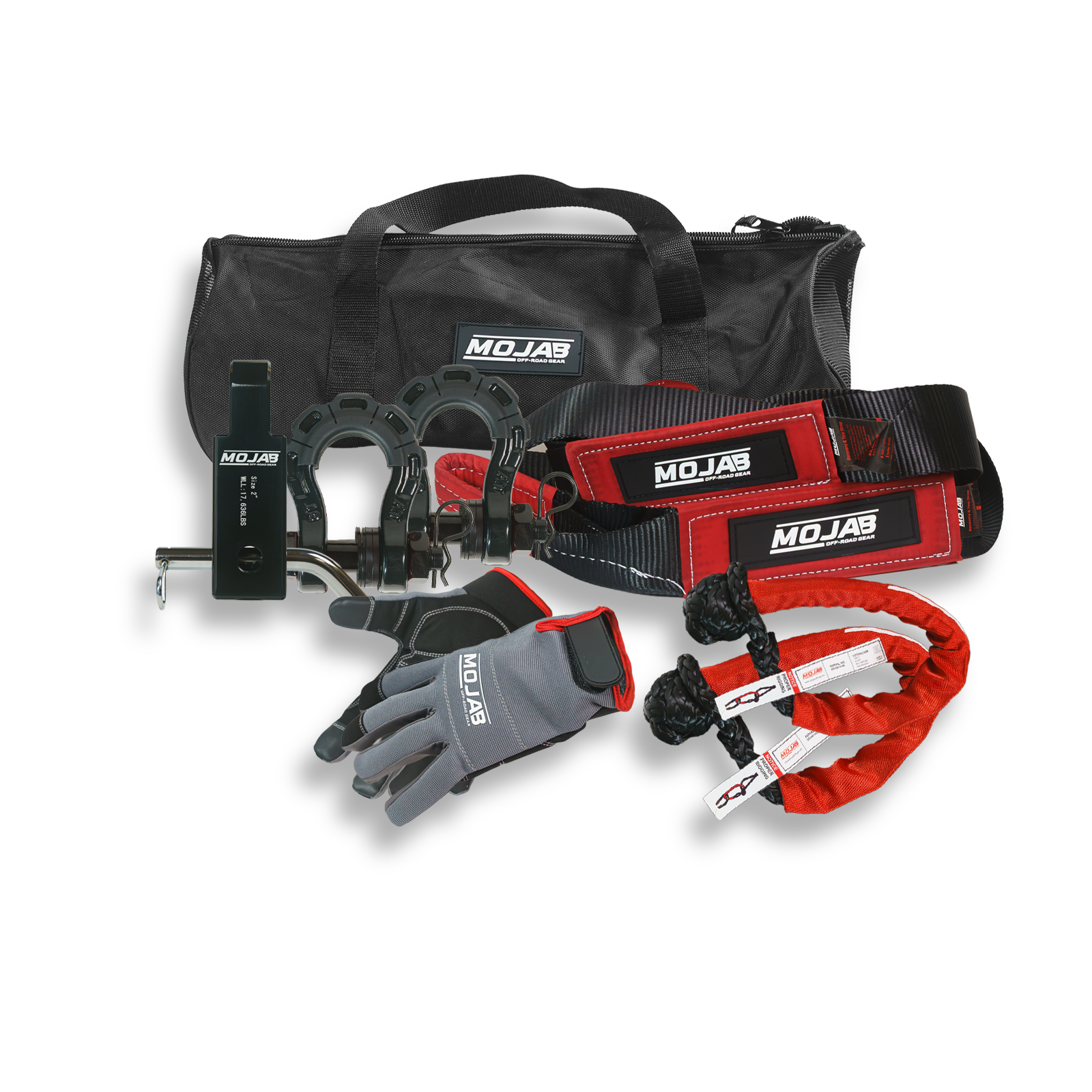 Deluxe recovery kit with tow strap, soft shackles, gloves, hitch receiver, steel shackles, and storage bags