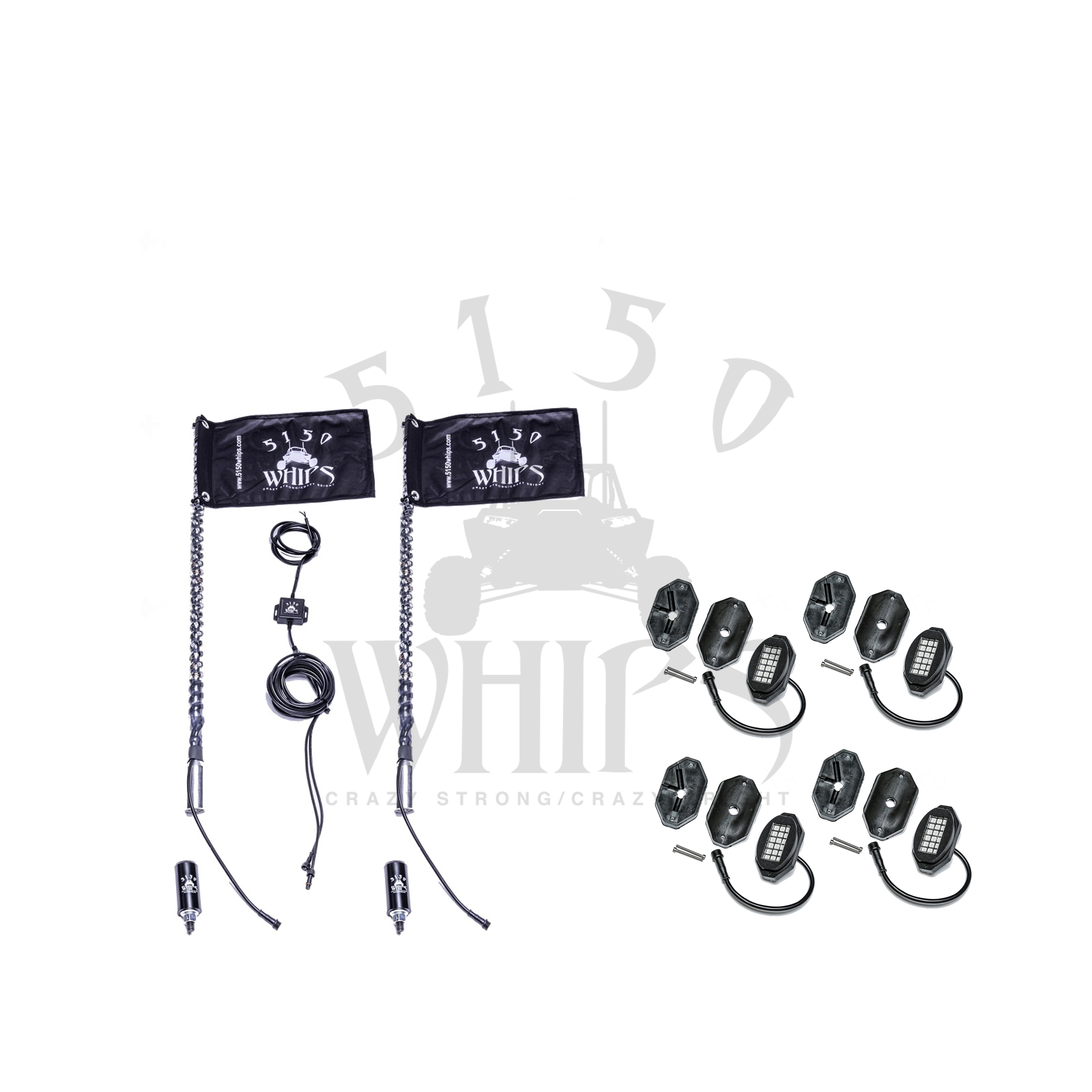 187 Whips and Rock Light Combo Kit showcasing magnetic quick release LED whips and bright Bluetooth-controlled rock lights