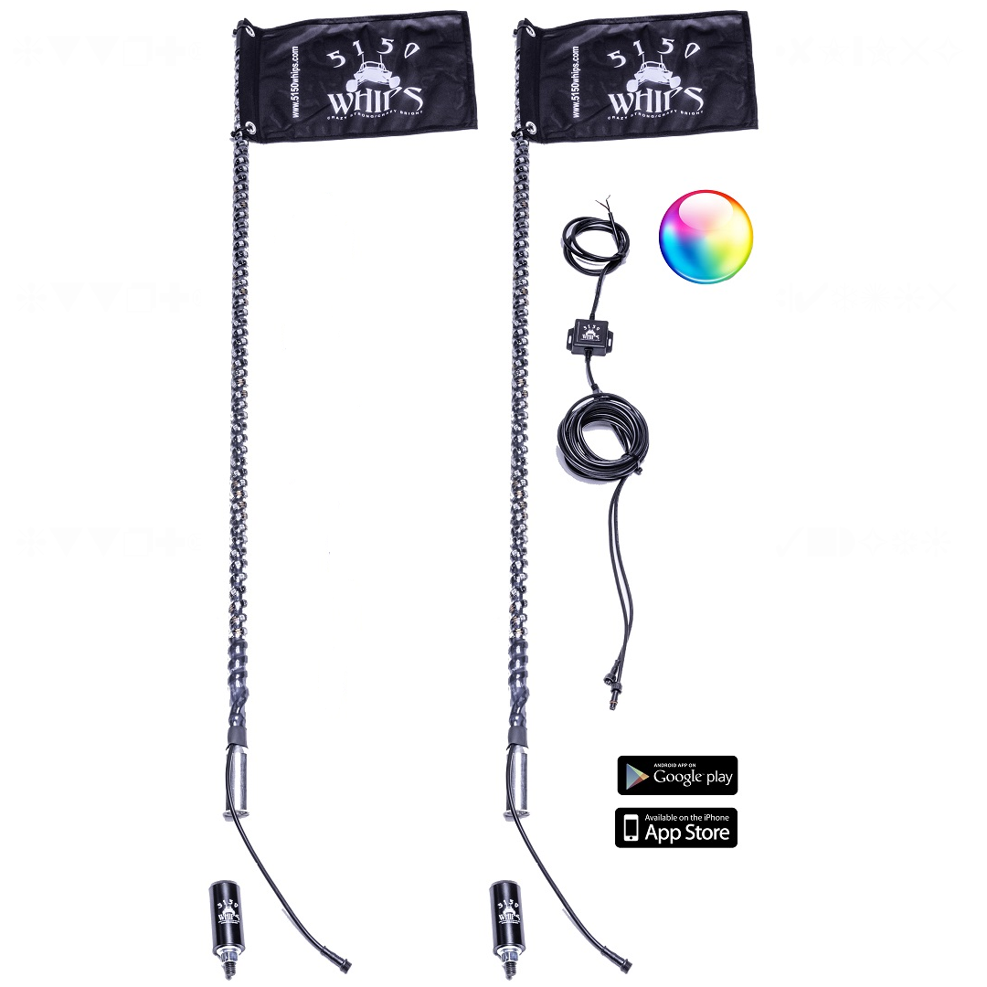 Pair of 187 LED Whips with Bluetooth controller and customizable lighting effects