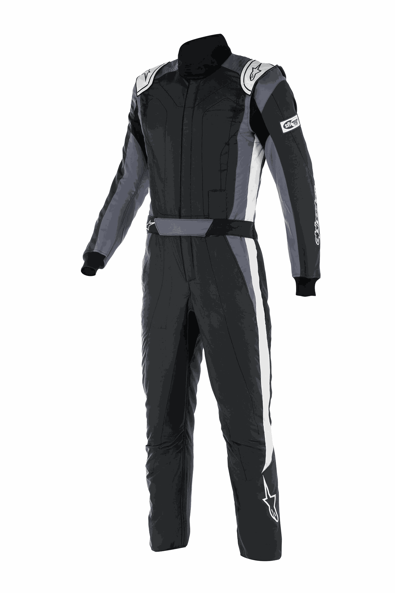 Alpinestars GP Pro Comp V2 black and gray SFI 3.4A/5 certified driving suit with silicon grip and breathable mesh panels