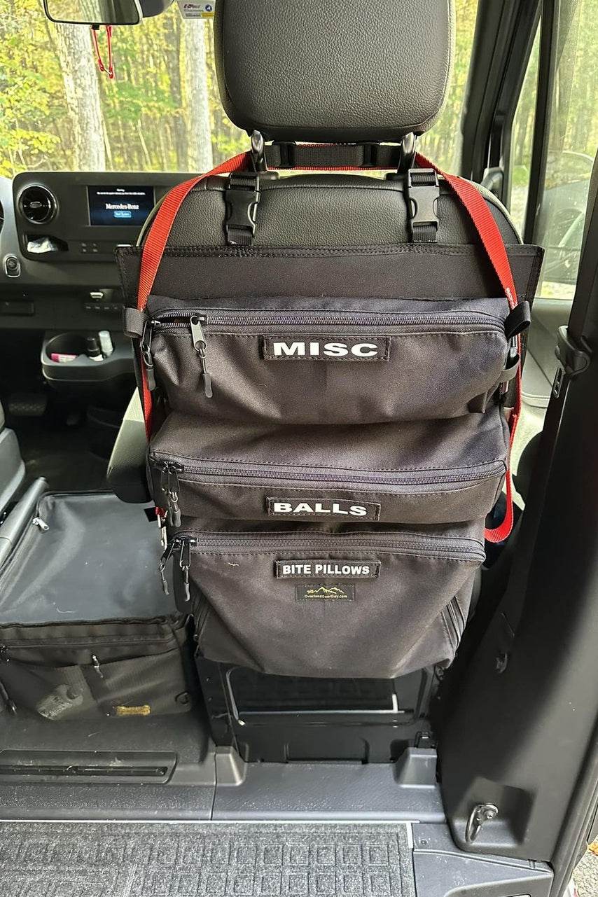 Arches Overlander 1 Seat Organizer in a vehicle, showcasing spacious pockets and easy installation.