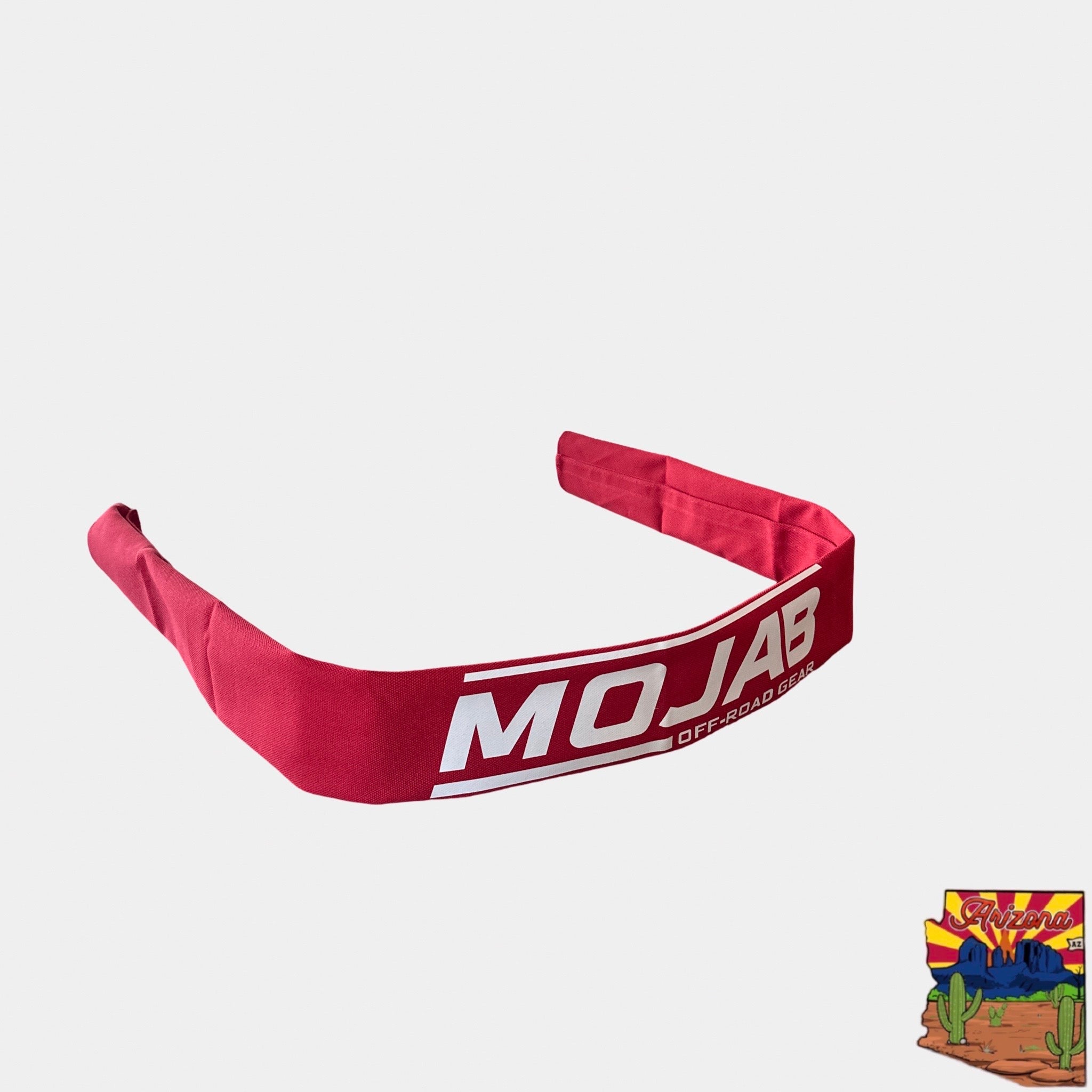 Red neoprene strap and rope sleeve with white MOJAB logo for off-road recovery protection