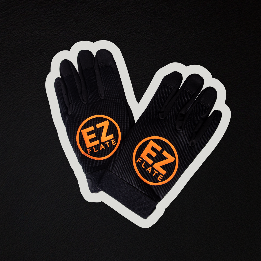 Black EZ FLATE Offroad Essential Gloves with orange logo for durable off-road and work use