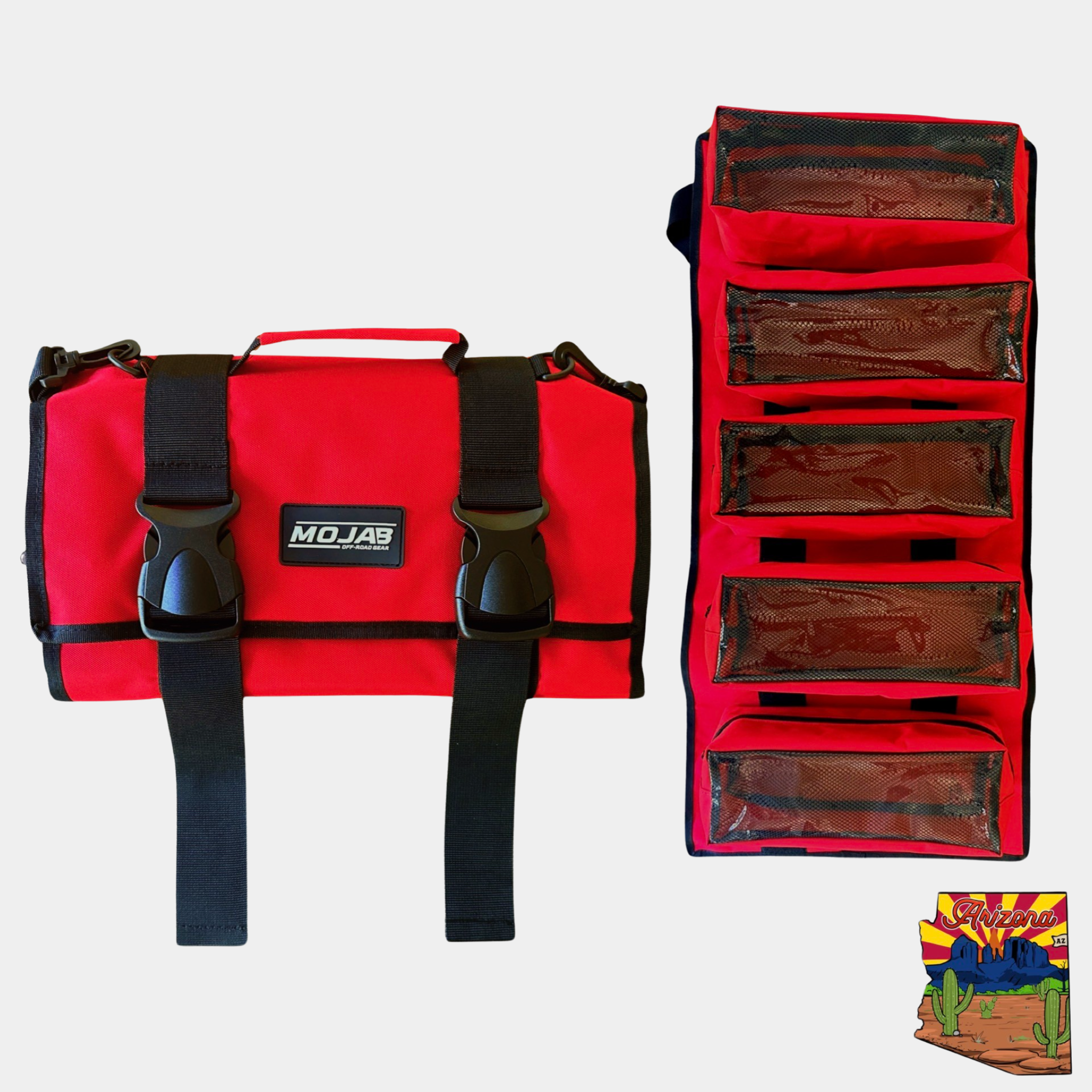 Large canvas tool organizer bag with five removable see-through pouches and durable red canvas material.