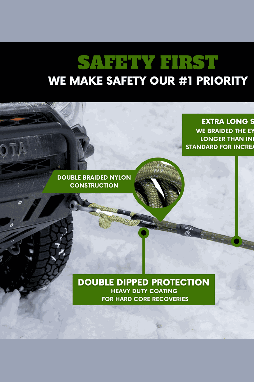 Kinetic-X Recovery Rope in use on off-road vehicle in snowy terrain highlighting double braided nylon construction and double dipped protection features.