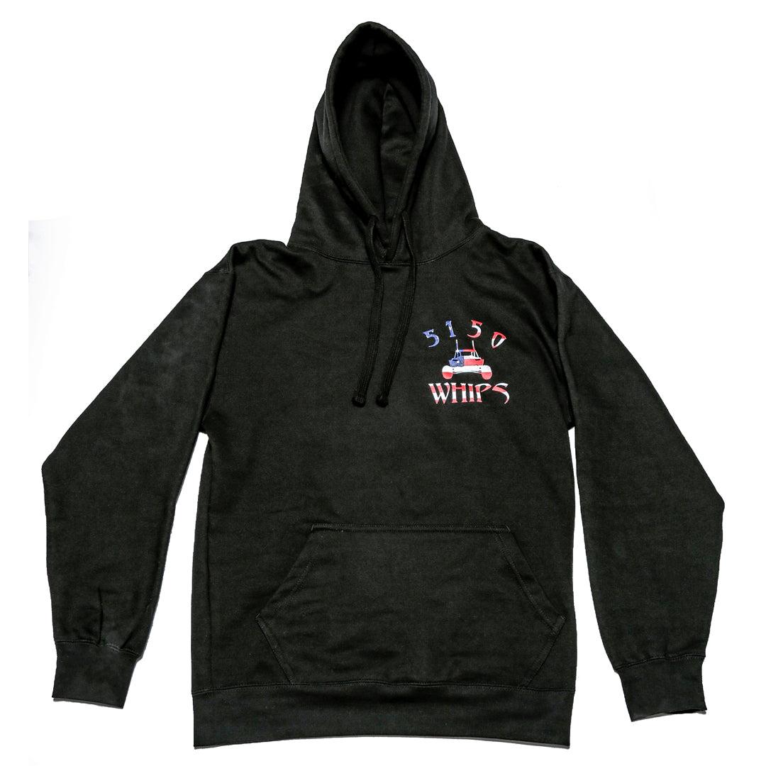 Black 5150 Whips hoodie with American flag logo pullover design