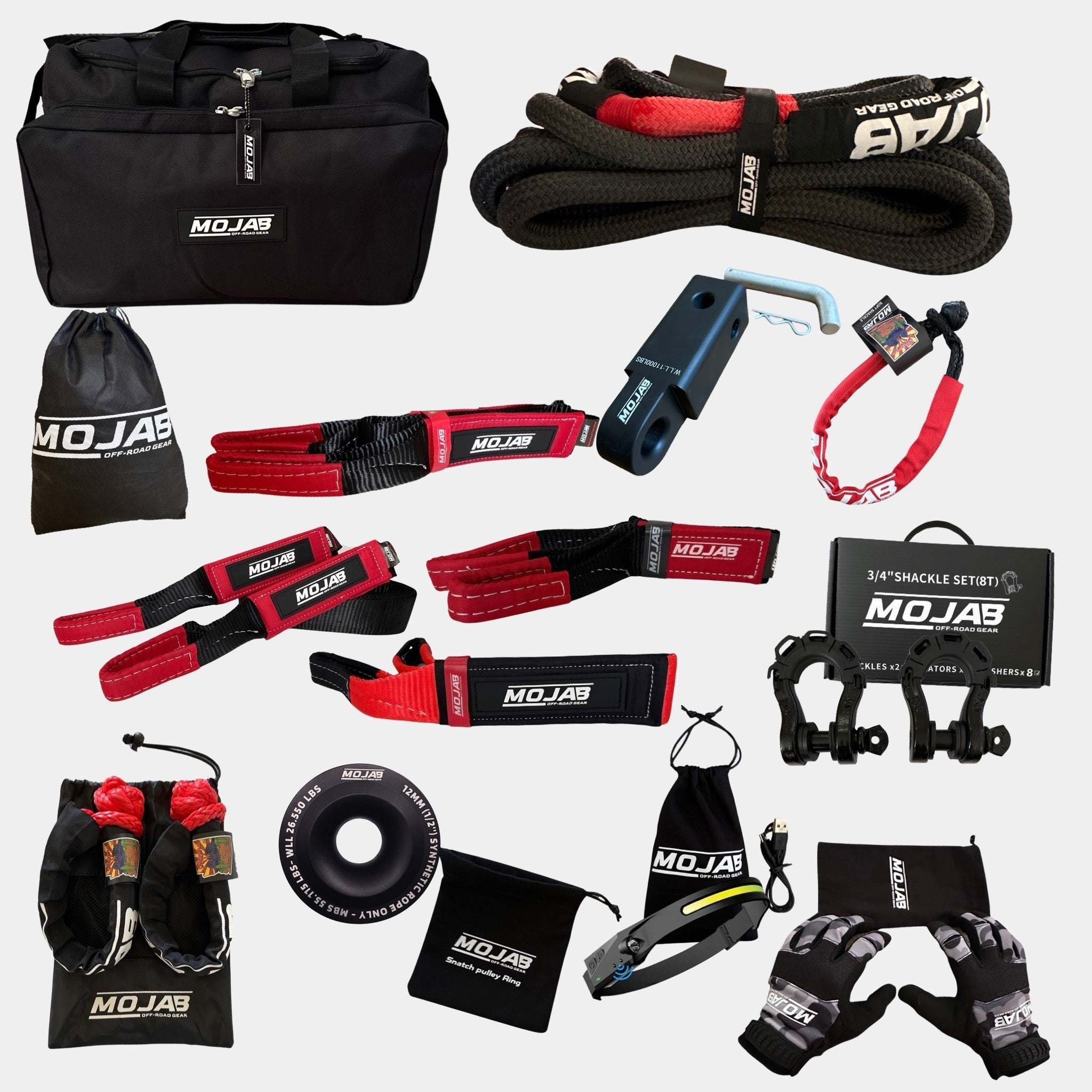 Heavy-Duty Recovery Kit with 27 items including kinetic rope, steel shackles, soft shackles, tow straps, aluminum hitch receiver, gloves, headlamp, and storage bags.