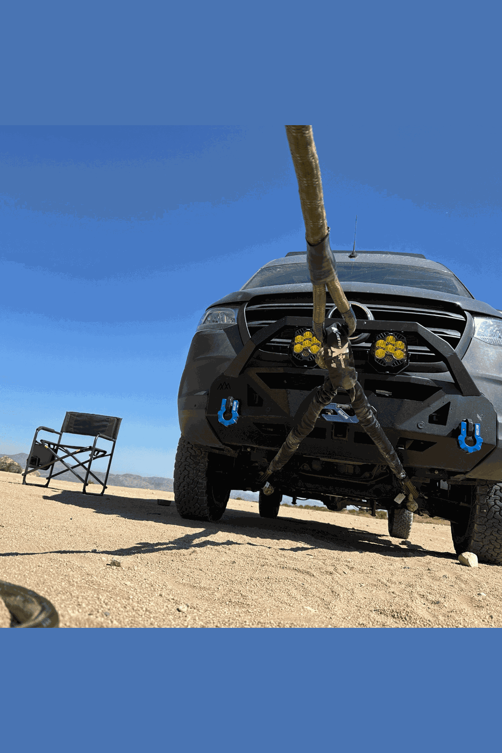 Vehicle recovery using 10' Static Bridle in sandy terrain.