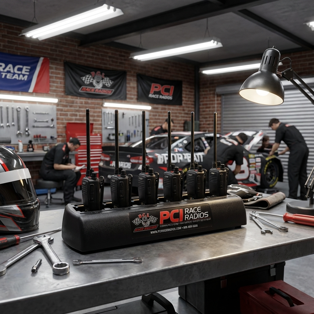 6-unit slim multi battery charger for radios in garage setting