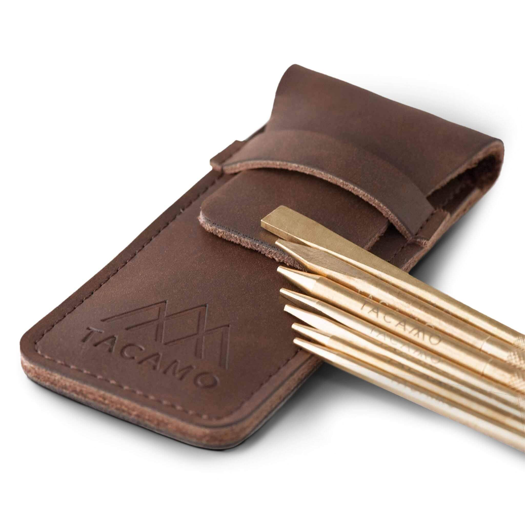 7-piece professional brass paracord FIDs set with leather case for crafting and lacing.