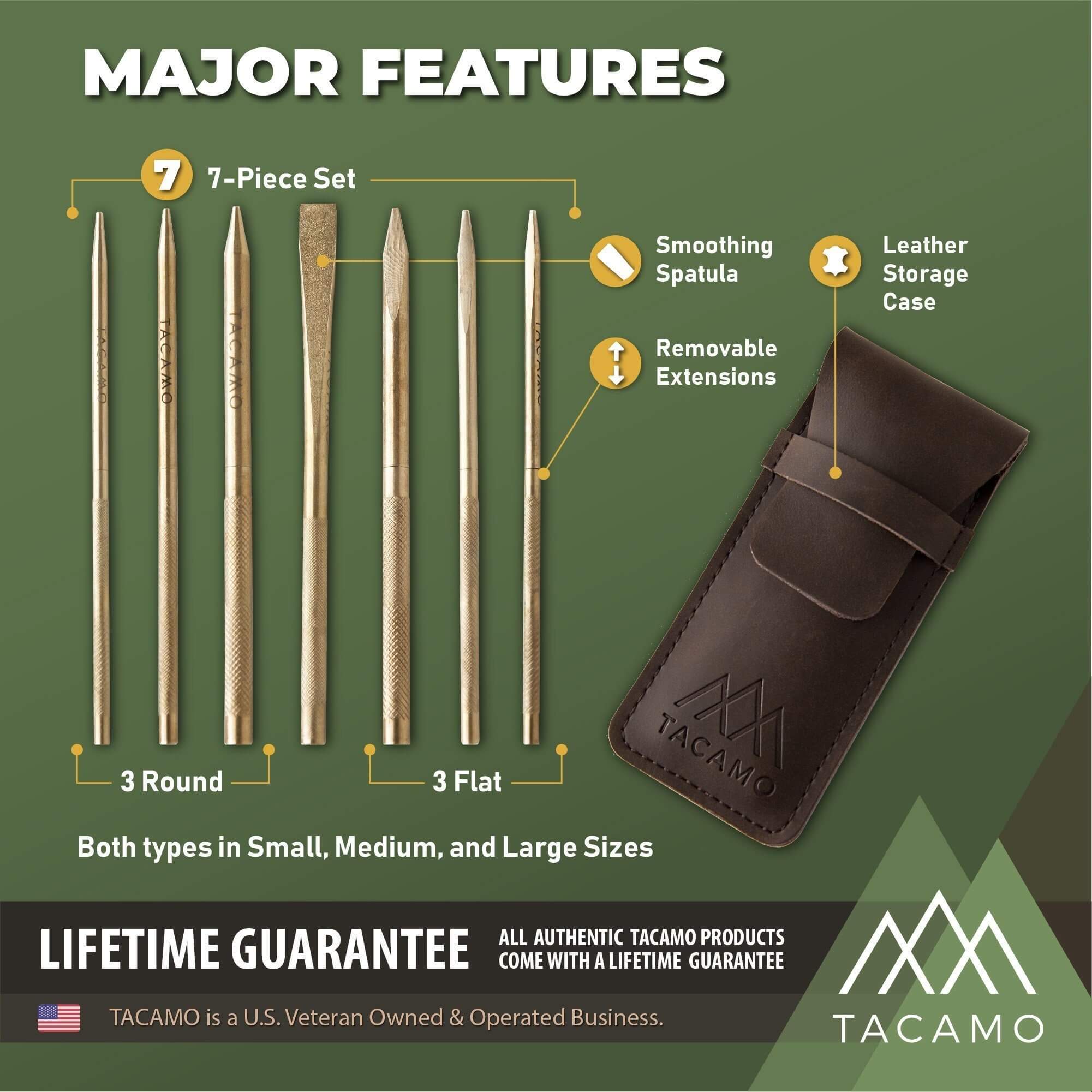 7-piece professional brass paracord FIDS set with smoothing spatula, removable extensions, and leather storage case, featured in product image.