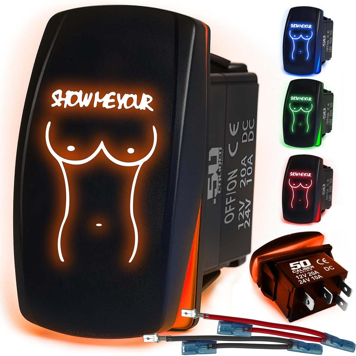 Waterproof Funny Rocker Switch 12v ON/Off, LED Backlit with Etched Design w/Toggle Switch 12v - UTV, Auto, Boat 20A Variation
