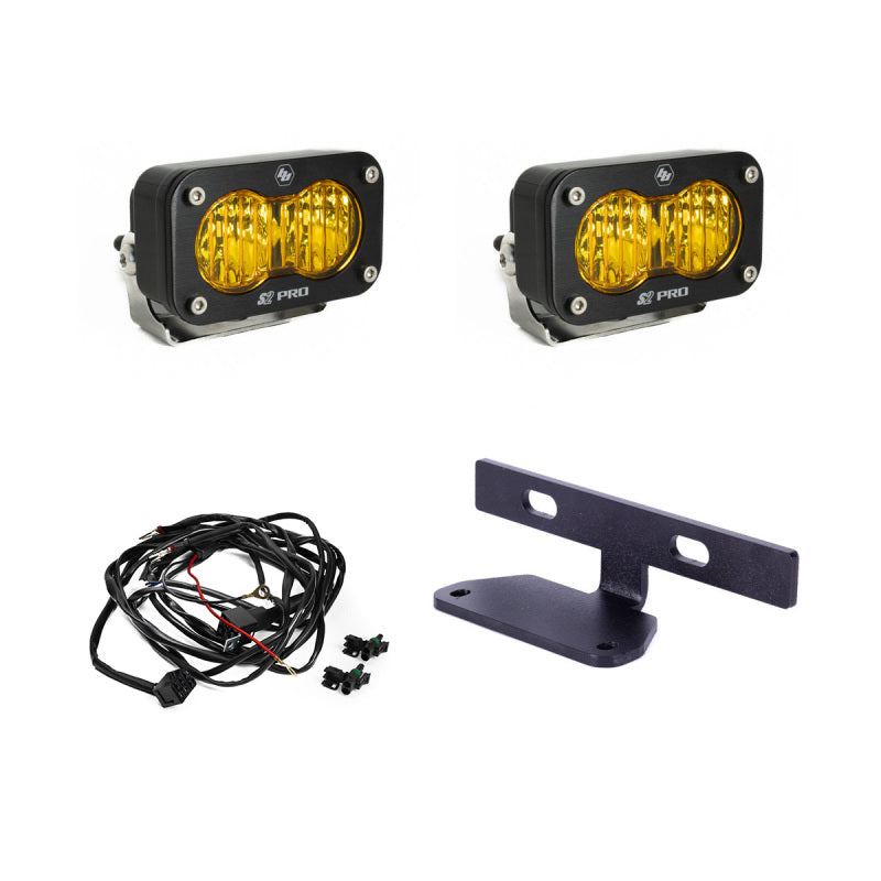 Can-Am Maverick R S2 Pro Dual Hood Light Kit with two yellow LED lights, wiring harness, and mounting bracket
