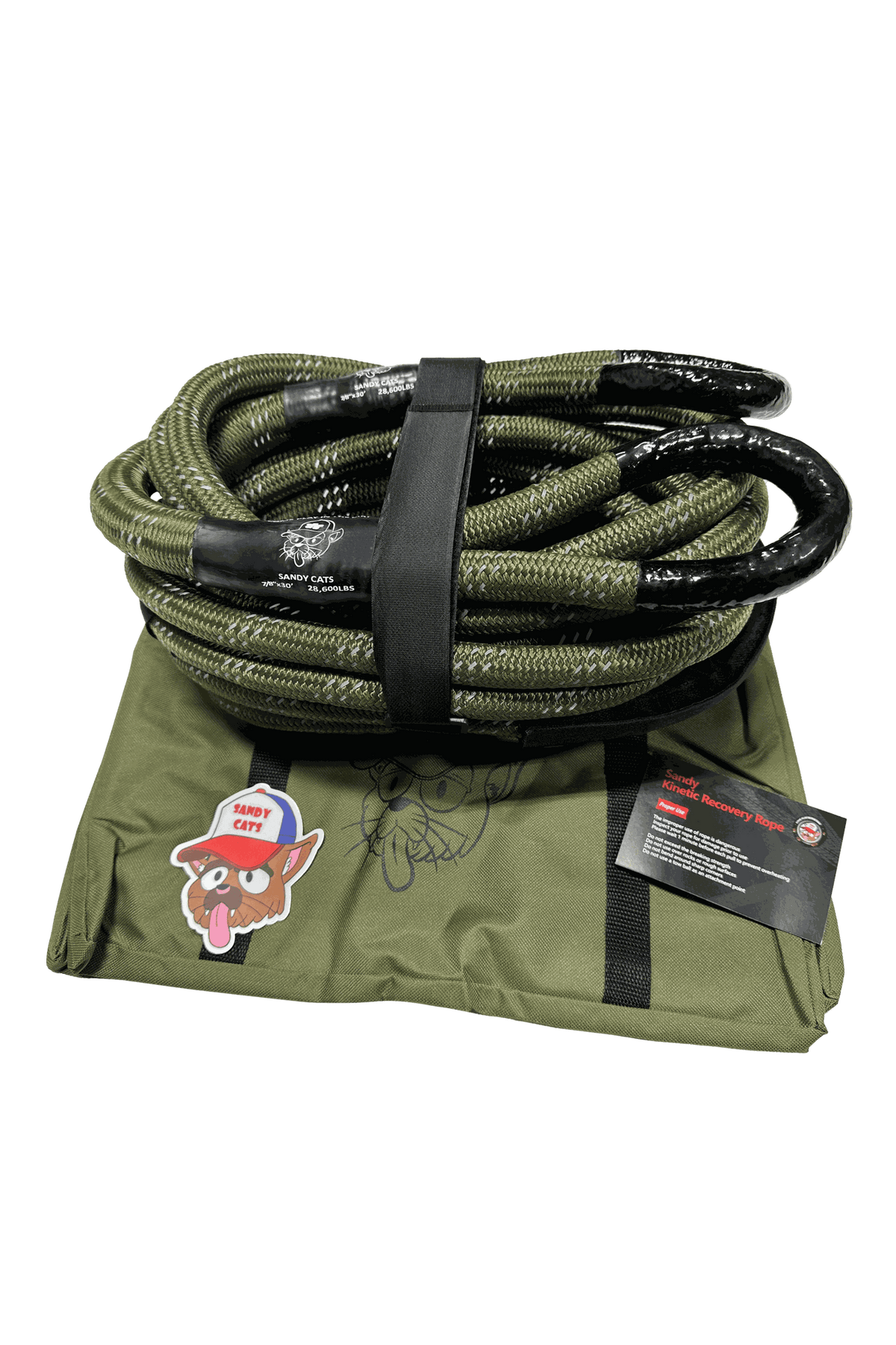 Kinetic-X Recovery Rope coiled on olive green storage mat with product card.