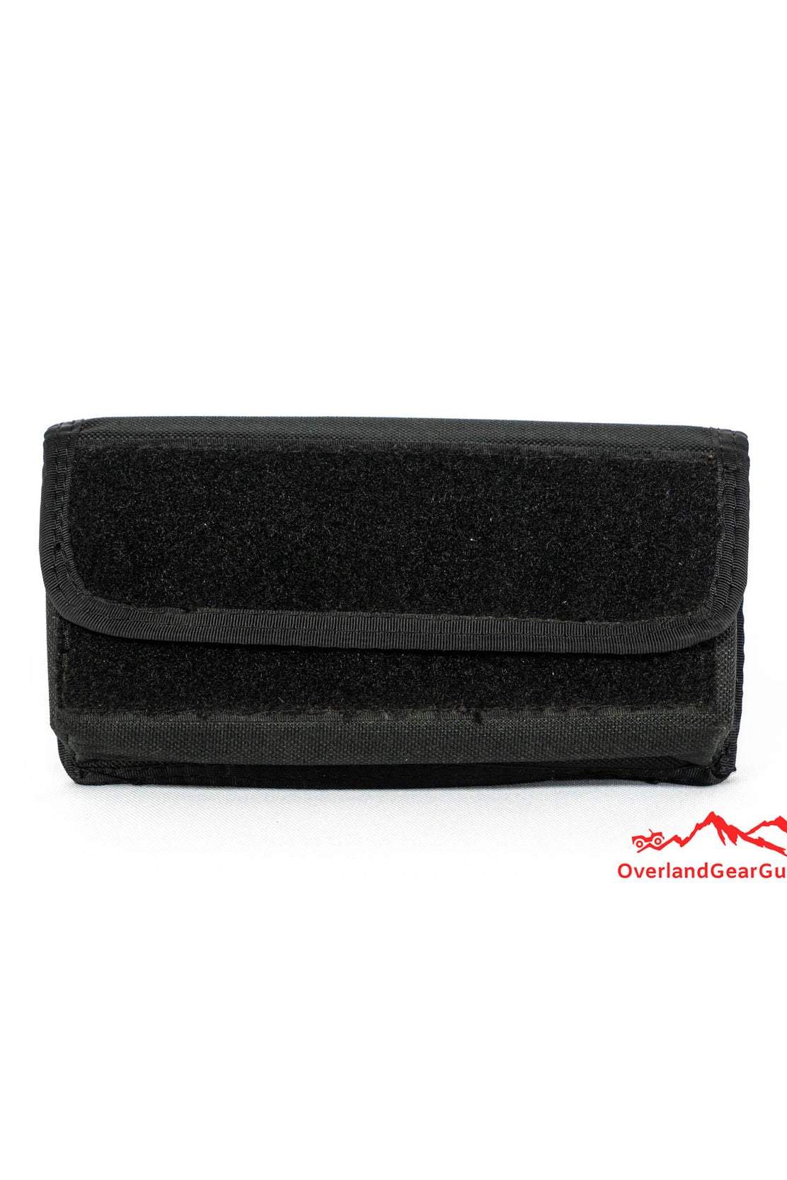 Black MOLLE pouch with velcro closure and front velcro patch, measuring 7 by 3.5 by 2 inches.