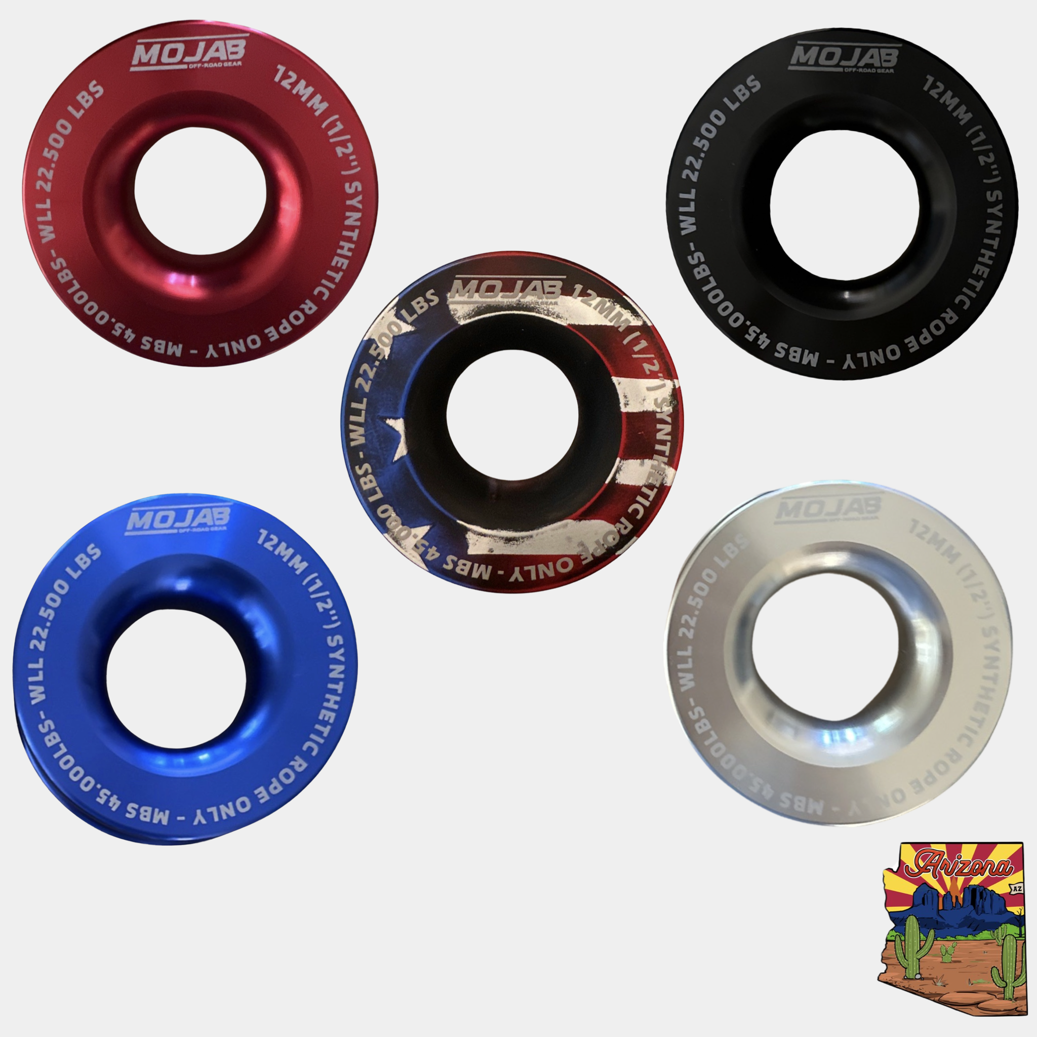 Set of five 3.8-inch snatch rings in red, black, blue, silver, and American flag design with 45,000 lbs breaking strength for off-road recovery.